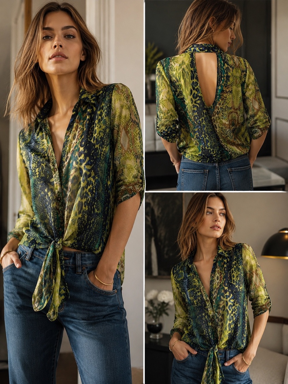 Heart Soul Animal Print Blouse – Green, Blue & Yellow Sz S-M